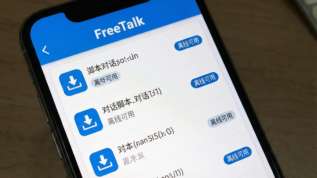 FreeTalk离线练习模式界面,手机屏幕展示已下载的对话脚本列表,带有下载图标和