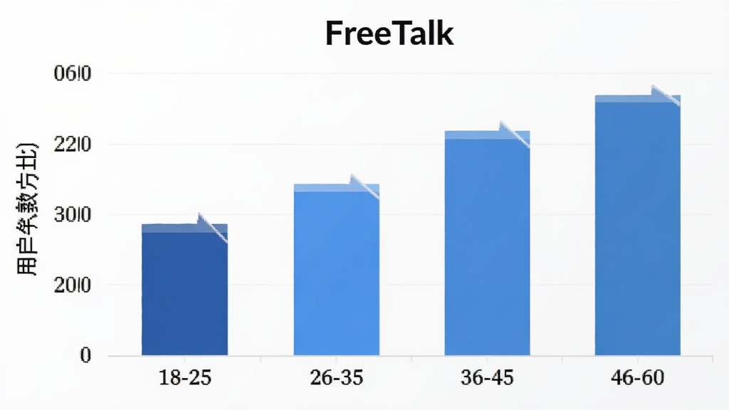 FreeTalk用户年龄分布柱状图,横轴为年龄段18-25、26-35、36-45、46-60,纵轴为用户人数占比,柱状图颜色为蓝色系,标注