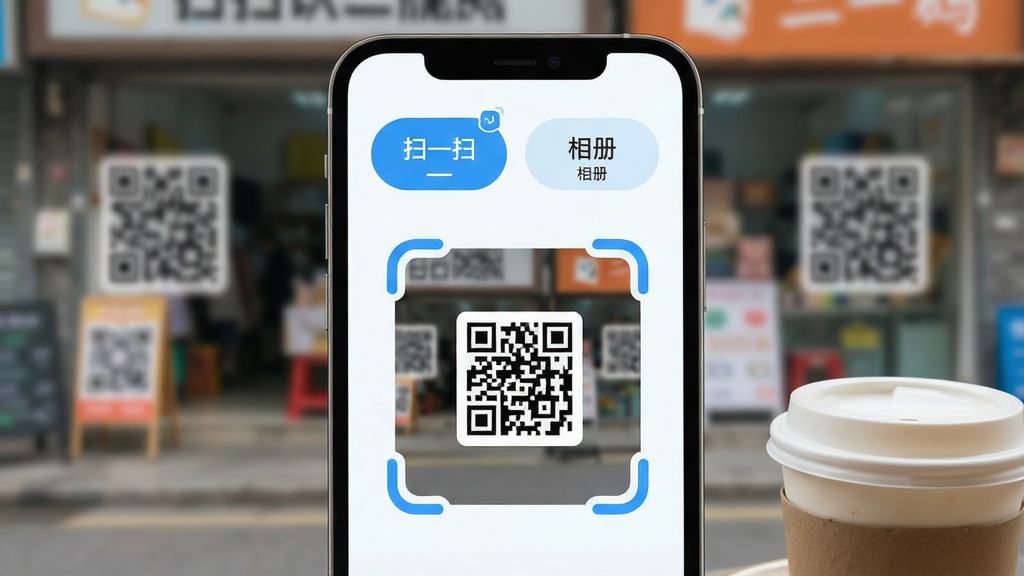 一张手机屏幕特写,画面中央是“扫扫识二维码”应用的主界面,界面以白色和浅蓝色为主色调,顶部有“扫一扫”和“相册”两个大按钮,中间是取景框,取景框四角有蓝色圆角边框,背景是虚化的街道和店铺二维码场景,手机旁边放着一杯咖啡,整体风格清新简约,画质清晰,无多余元素