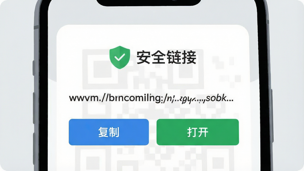 一张手机界面截图风格插画,画面中手机屏幕显示一个二维码扫描结果页面,上方显示“安全链接”绿色盾牌图标,下方列出一串网址,网址旁边有一个蓝色的“复制”按钮和一个绿色的“打开”按钮,手机背景是简洁的浅灰色,画质清晰,字体锐利,无多余元素