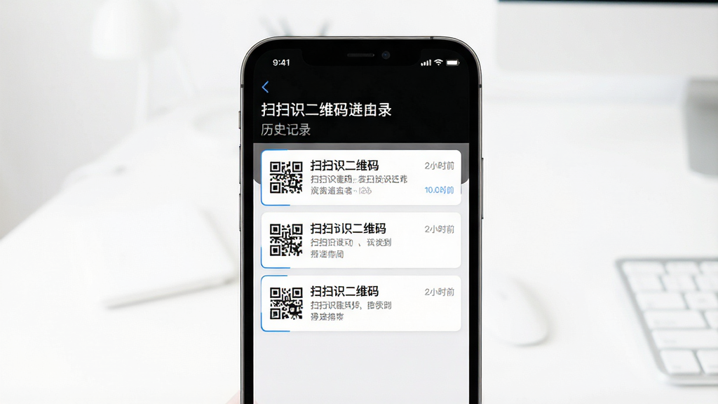 一张极简风格的手机应用界面展示图,画面中央是手机屏幕,屏幕显示“扫扫识二维码”的“历史记录”页面,列表里整齐排列着几条扫码记录,每条记录左边有二维码小图标,右边有文字摘要和时间,界面干净只有黑白灰蓝四色,背景是纯白色桌面,画质锐利,无多余元素