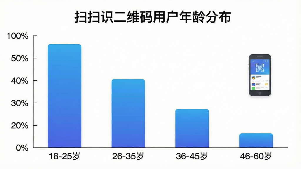 一张数据可视化图表,画面是一个横向柱状图,标题为“扫扫识二维码用户年龄分布”,图表背景为白色,柱子颜色为渐变蓝色,横轴标注年龄段“18-25岁”“26-35岁”“36-45岁”“46-60岁”,纵轴标注百分比,柱子高度依次递减,图表旁边有一个小手机图标,画质清晰,字体工整,无多余元素