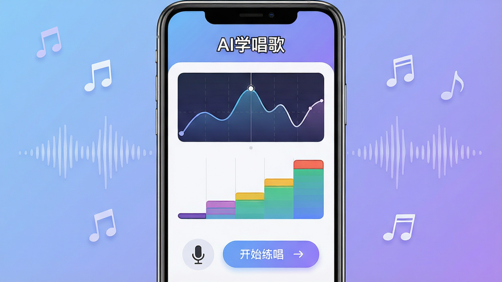 一张展示AI学唱歌软件核心界面的图片,画面中央是手机屏幕,屏幕内显示AI学唱歌应用的主界面,顶部有“AI学唱歌”文字标识,中间是音准曲线图和音高阶梯图,下方有麦克风图标和开始练唱按钮,背景是柔和的蓝紫色渐变,周围漂浮着音符和声波图案,风格现代简洁,画质清晰干净,无多余元素