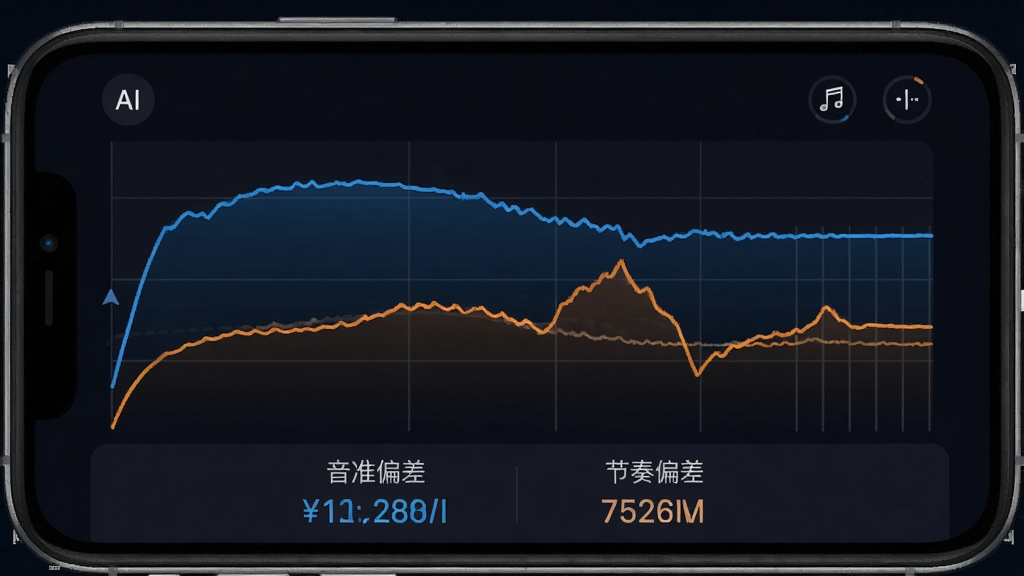 一张AI学唱歌的AI音准识别功能界面图,手机屏幕中显示两条音高曲线,一条蓝色标准线,一条橙色用户演唱线,两条线在部分区域重合,部分区域偏离,屏幕底部有“音准偏差”和“节奏偏差”的数值显示,画面风格科技感强,背景为深色,线条清晰,画质干净