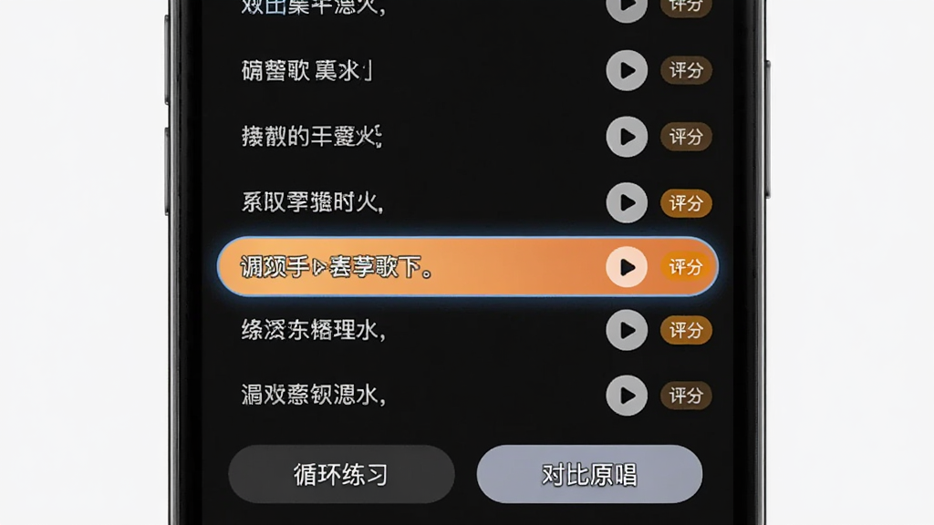 一张AI学唱歌分段练习功能的界面图,手机屏幕中显示歌曲的歌词列表,每句歌词右侧有播放按钮和评分标签,其中一句歌词被高亮选中,下方有“循环练习”和“对比原唱”的按钮,界面排版整洁,风格清爽,画质清晰