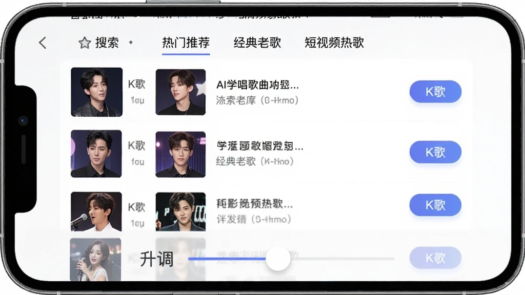 一张AI学唱歌曲库与伴奏界面的图片,手机屏幕中显示歌曲搜索列表,有“热门推荐”“经典老歌”“短视频热歌”等分类标签,每首歌曲右侧有“K歌”按钮,屏幕底部有升降调调节滑块,界面设计简洁,风格现代,画质干净