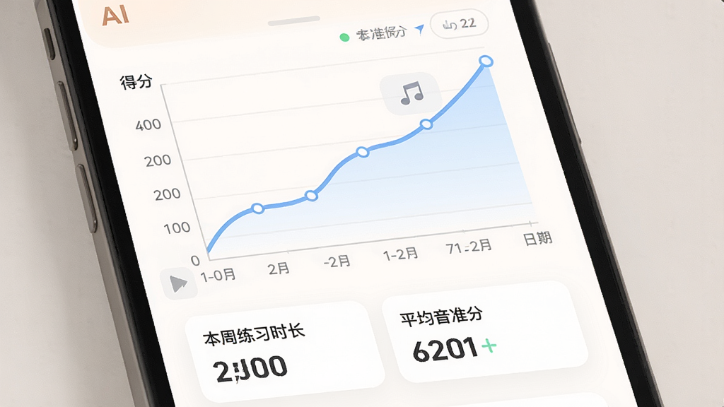 一张AI学唱歌成长曲线功能的界面图,手机屏幕中显示折线图,横轴为日期,纵轴为音准得分,折线呈上升趋势,图表下方有“本周练习时长”和“平均音准分”的数据卡片,界面风格简约,配色柔和,画质清晰