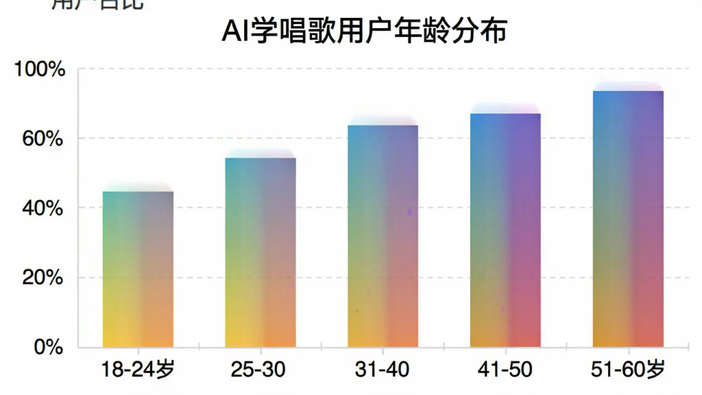 一张AI学唱歌用户年龄分布的柱状图,横轴为年龄段:18-24岁、25-30岁、31-40岁、41-50岁、51-60岁,纵轴为用户占比百分比,柱状图颜色为渐变色,图表标题为“AI学唱歌用户年龄分布”,画面简洁,数据清晰,画质干净