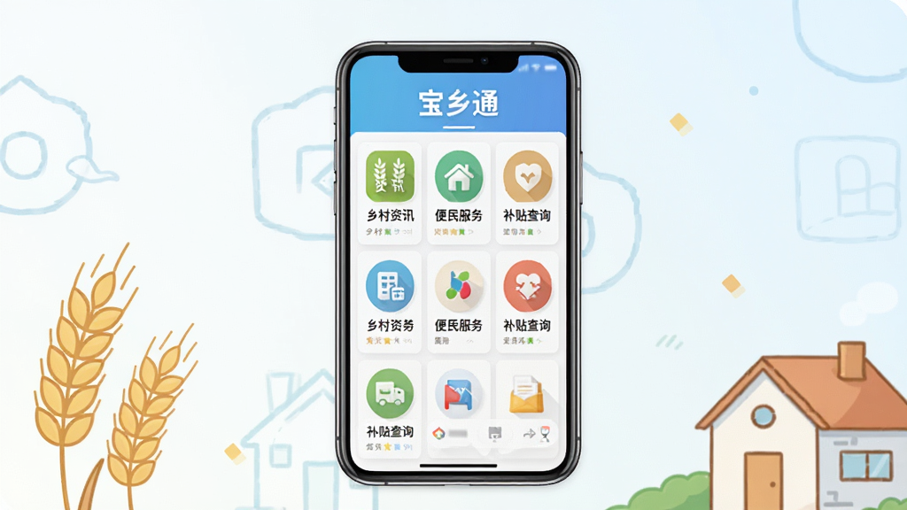 宝乡通App主界面全貌展示,画面中央是一部智能手机,屏幕显示宝乡通首页,顶部有“宝乡通”文字标识,页面包含乡村资讯、便民服务、补贴查询等图标入口,背景是干净的浅色渐变,周围点缀麦穗和房屋简笔画元素,整体风格现代扁平化,画质清晰干净,无多余元素。