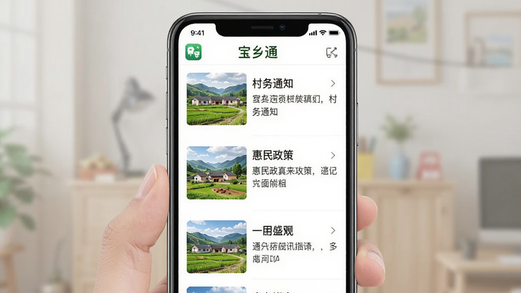 宝乡通本地资讯功能展示图,画面中手机屏幕显示资讯列表,每条资讯带有乡村风景缩略图,标题文字如“村务通知”“惠民政策”等,界面排版整齐,有“宝乡通”小图标在顶部,风格简洁明亮,画质干净无多余元素。