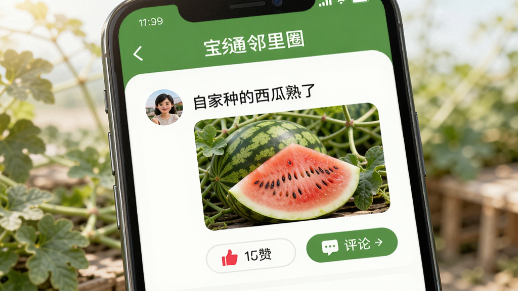 宝乡通邻里圈功能界面,手机屏幕展示动态列表,有用户头像、文字内容如“自家种的西瓜熟了”配西瓜图片,下方有点赞和评论按钮,界面以绿色和白色为主色调,风格温馨亲切,画质清晰干净,无多余元素。