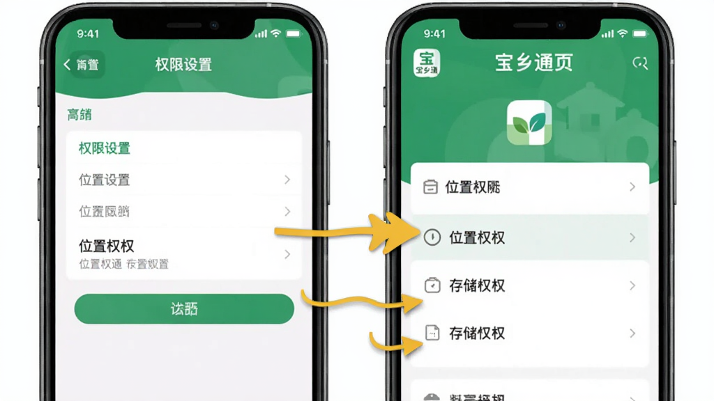 宝乡通使用教程示意图,画面展示手机屏幕分屏效果,左侧是权限设置界面,右侧是宝乡通首页,有箭头指向位置权限和存储权限选项,界面风格简洁清晰,带有“宝乡通”小图标,画质干净无多余元素。