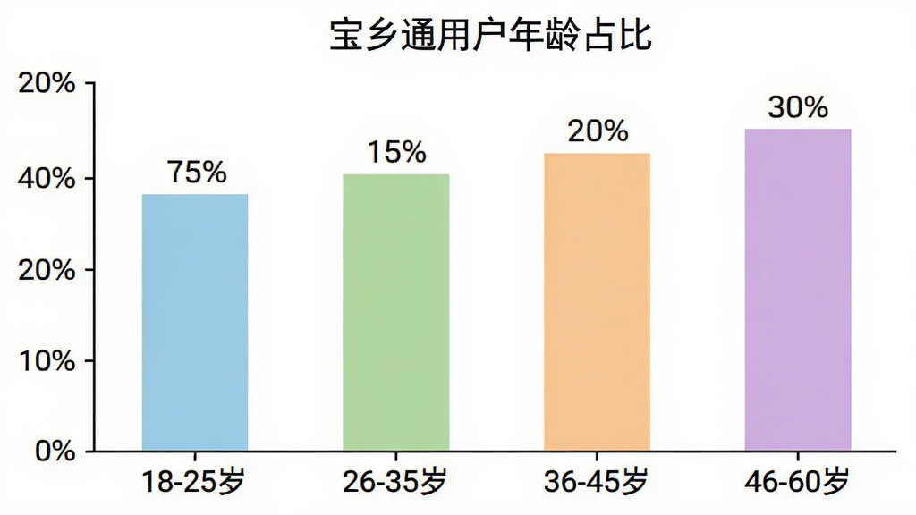 宝乡通用户年龄分布柱状图,图表标题为“宝乡通用户年龄占比”,横轴为年龄段18-25岁、26-35岁、36-45岁、46-60岁,纵轴为百分比,柱状图颜色分别为浅蓝、浅绿、浅橙、浅紫,每个柱子上方标注具体百分比数值,背景干净白色,画质清晰无多余元素。