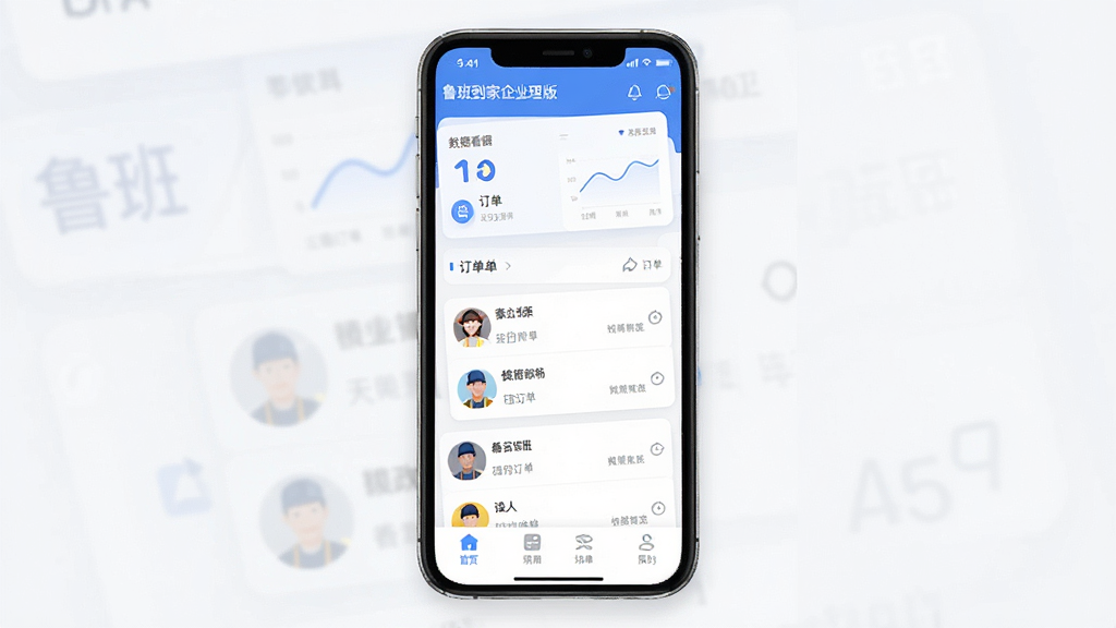 鲁班到家企业版 APP 主界面展示图,画面主体是一个竖屏手机屏幕,屏幕内显示装修接单管理后台界面,布局分为顶部数据看板、中部订单列表、底部功能导航栏,排版整齐清晰,风格为现代扁平化商务风,细节包含蓝色主色调、圆角图标、订单卡片、工人头像,画质高清干净,无多余元素,屏幕内文字必须包含