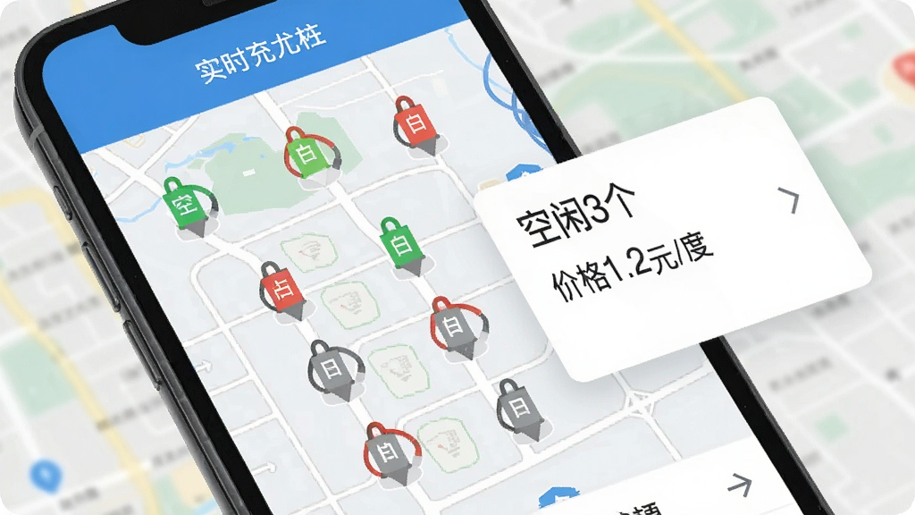 ����г��׮ʵʱ״̬��ѯ���棬�ֻ���Ļ��ʾ��ͼ�ϲ�ͬ��ɫ�ĳ��׮��ǣ���ɫ�������С���ɫ����ռ�á���ɫ�������ϣ����ĳ��վ�㵯�����鿨Ƭ��ʾ������3�������۸�1.2Ԫ/�ȡ�����������ֱ�ۣ���ƽ����ƣ�������ɫ�����ʸɾ��޶���Ԫ��
