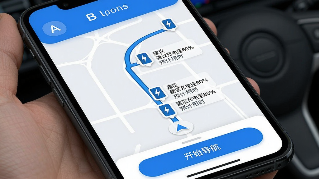 ���������·�߹滮���棬�ֻ���Ļ��ʾ��A�㵽B��ĵ���·�ߣ�·���ϱ�ע���������վͼ�꣬ÿ��ͼ������ʾ����������80%����Ԥ����ʱ���ײ��С���ʼ��������ť���������ִ���࣬������ɫ�������ʸɾ��޶���Ԫ��