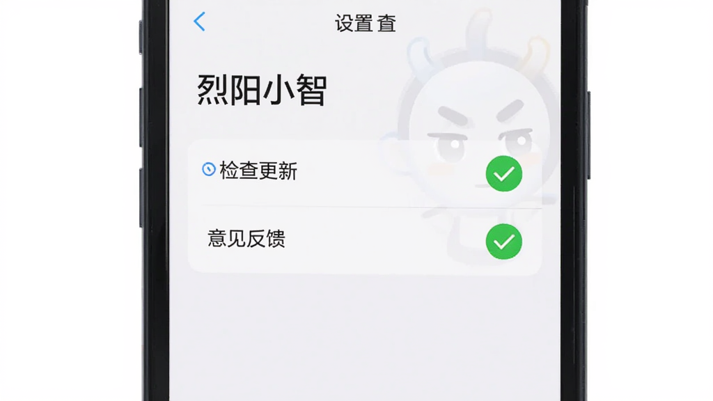 手机屏幕展示“烈阳小智”设置页面,页面中有“检查更新”和“意见反馈”选项,旁边有绿色对勾图标,背景为白色,排版简洁,风格清爽,画质干净无多余元素