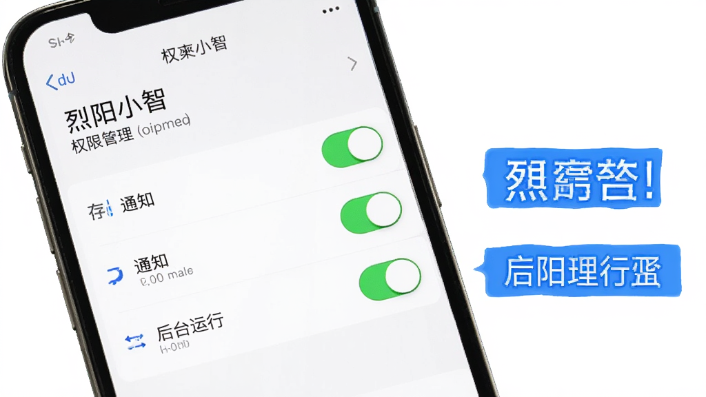 手机屏幕显示“烈阳小智”权限管理界面,界面上有存储、通知、后台运行等权限开关,旁边有蓝色高亮提示文字,背景为白色,排版清晰,风格简约,画质干净无多余元素