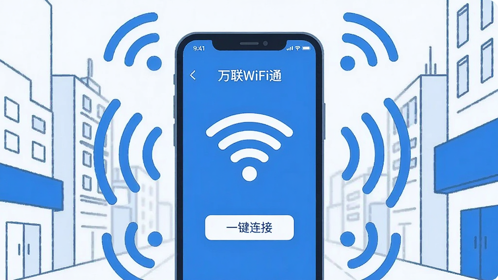 һ��չʾ�ֻ�WiFi���ӳ����Ĳ廭������������һ�������ֻ�����Ļ����ʾ�š�����WiFiͨ����App���棬��������һ����Ŀ��WiFi�ź�ͼ��͡�һ�����ӡ���ť���ֻ���Χ�����Ŷ��WiFi�źŲ��ƣ������ǳ��н־��ļ��������������ִ���ƽ��������ɫΪ�������ʸɾ��������޶���Ԫ��