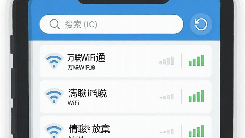 һ�ű�ƽ�������ֻ������ͼ�廭���������ֻ���Ļ��ʾ������WiFiͨ��App���ȵ��б�ҳ�棬�б����ж��WiFi���ƺ��ź�ǿ��ͼ�꣬�������������ˢ�°�ť����������ɫ�Ͱ�ɫΪ��ɫ�����������������ֱ�ǩ��ȷ������ִ���࣬���ʸɾ��޶���Ԫ��