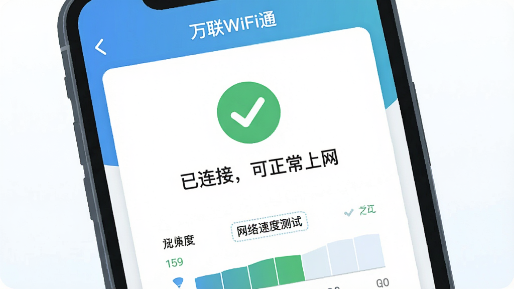 һ��չʾ�ֻ���Ļ״̬�����Ĳ廭���������ֻ���ʾ������WiFiͨ��App�����ӳɹ�ҳ�棬ҳ��������һ����ɫ�ĶԹ�ͼ��͡������ӣ���������������������ʾ���·��������ٶȲ��Եļ�ͼ�������������¼�࣬������ɫ�����ʸɾ��޶���Ԫ��