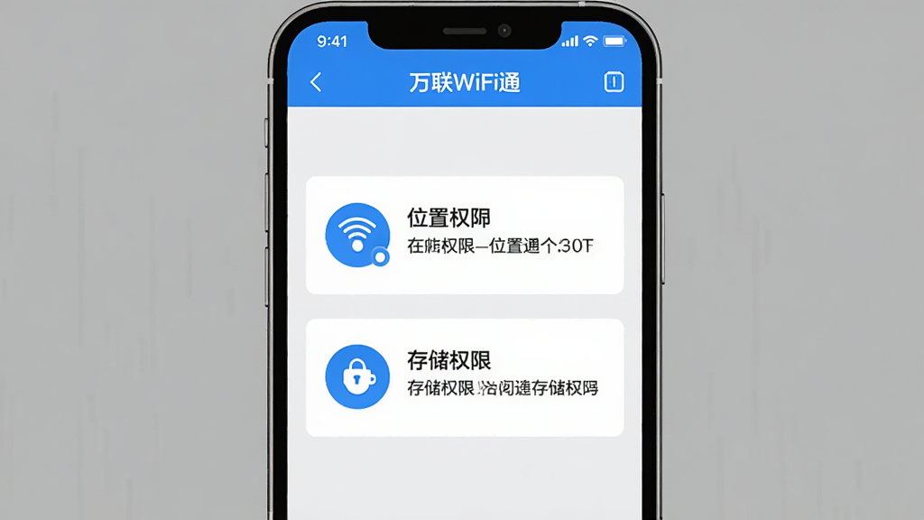 һ���ֻ���Ļ��ͼ���Ĳ廭������չʾ������WiFiͨ��App��Ȩ����������ҳ�棬ҳ������λ��Ȩ�ޡ��洢Ȩ�޵�ͼ���˵�����֣�����Ϊǳ��ɫ��������������������ɫ�����ʸɾ��޶���Ԫ��