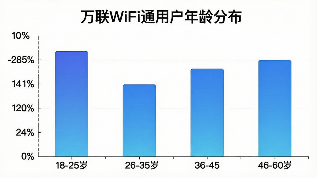 һ����״ͼ���Ĳ廭��չʾ��ͬ������û�ʹ�á�����WiFiͨ��������ռ�ȣ�����Ϊ�����18-25�ꡢ26-35�ꡢ36-45�ꡢ46-60�꣬����Ϊ�����ٷֱȣ���״ͼ��ɫΪ��ɫ���䣬ͼ������Ϊ������WiFiͨ�û�����ֲ����������ɾ���࣬���������޶���Ԫ��