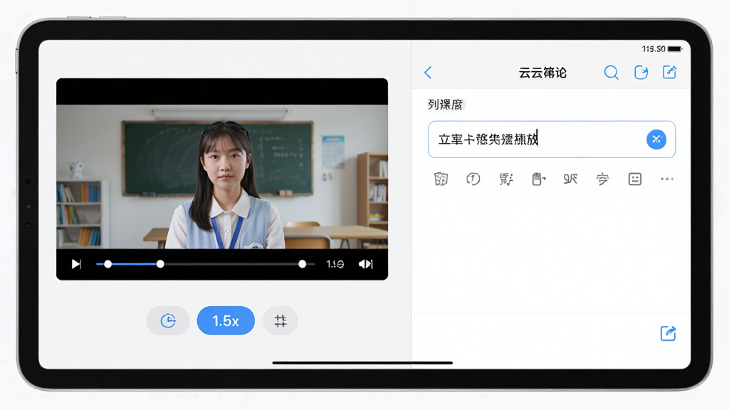 һ��ѧ����App���ٲ�����ʼ�ͬ�����ܵĳ���ͼ��������ƽ�������Ļ����ಥ�ſγ���Ƶ���Ҳ���ʾ�Ʊʼǽ��棬�������ҷ������Ű��ִ�������Ǽ�Լ�Ƽ��磬ϸ������Ƶ�·��б���ѡ�ť��ʾ��1.5x�����ʼ����������������ͱ���ͼ�꣬���ʸ��壬�ɾ����޶���Ԫ��