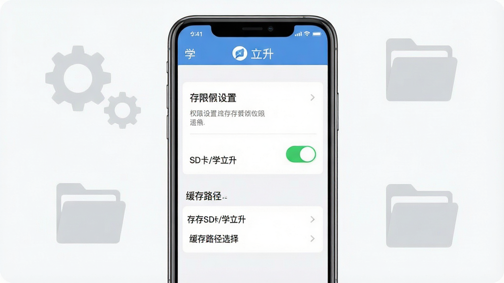 һ��ѧ����App�����������������ͼƬ���������ֻ���Ļ��ʾȨ�����úͻ���·��ѡ��ҳ�棬����Ϊ�����б����Ű�����������Ǳ�ƽ����ƣ�ϸ���ϴ洢Ȩ�޿���Ϊ��ɫ����״̬������·����ʾΪ��SD��/ѧ�������������е���ɫ���ֺ��ļ���ͼ�꣬���ʸɾ����޶���Ԫ��