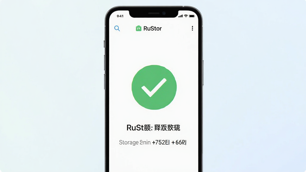 一张展示RuStor手机应用清理完成界面的图片,画面中一部手机屏幕显示RuStor应用界面,界面中央有一个绿色的对勾图标,下方显示已清理文件数量和释放的存储空间大小,背景是浅色渐变,整体风格清新简洁,画质清晰,无多余元素