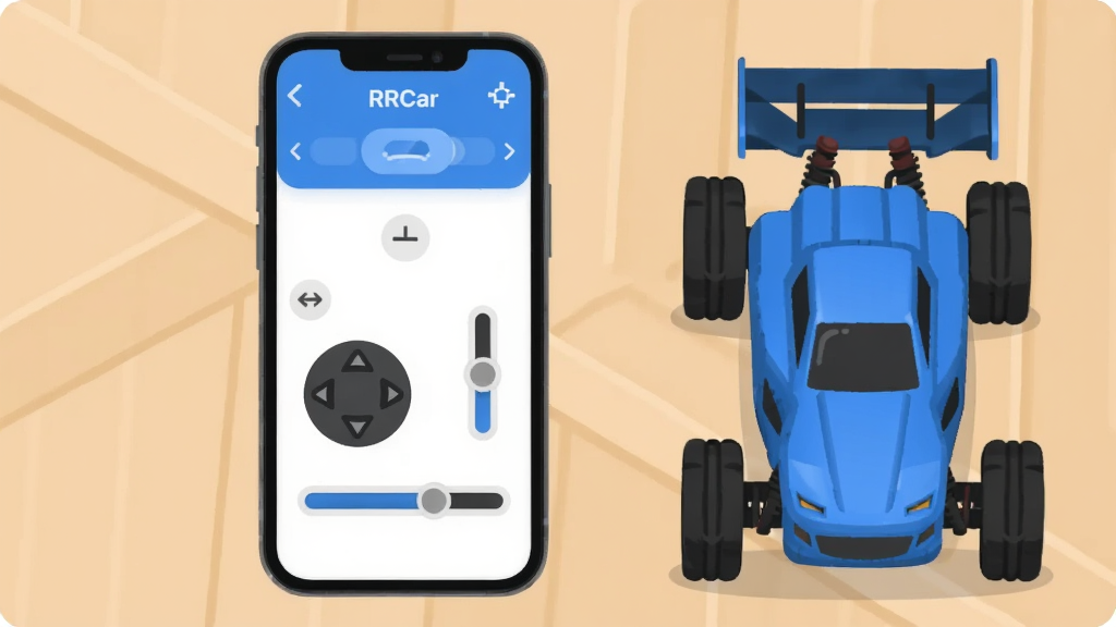 һ��չʾRCCar�ֻ�ң�س�Ӧ���������ͼƬ������������һ�������ֻ�����Ļ����ʾRCCarӦ�õĲ������棬�����������ҡ�˺��ٶȻ��飬�ֻ��Ա���һ����ɫ��ң����߳��������Ǽ������ڵذ壬����ͻ�������־��У��Ű�����������ִ���ƽ��ϸ��Բ�󣬻��ʸɾ����޶���Ԫ��