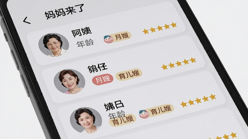 һ��չʾ�ֻ���Ļ��ͼƬ����Ļ����ʾ�š��������ˡ�APP�ķ�����Ա�б���ÿ���б���������̵�Բ��ͷ�����������䡢�������ͱ�ǩ���硰��ɩ����������ɩ�����Լ��������֣������ǵ���ɫ���б��������룬����࣬�����������޶���Ԫ��