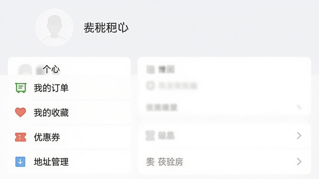 һ���ֻ�APP��������ҳ��Ľ�ͼ��ҳ�涥�����û�Ĭ��ͷ����ǳƣ��·��С��ҵĶ����������ҵ��ղء������Ż�ȯ��������ַ�������Ȳ˵�ѡ�ÿ��ѡ�����м򵥵�ͼ�꣬���岼������������Լ�������������޶���Ԫ��