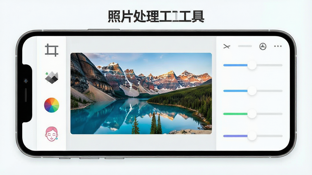 一张展示“照片处理工具”手机App界面的图片,主体是一部智能手机,屏幕中显示照片处理工具的修图界面,左侧为功能工具栏包含裁剪、滤镜、调色、美颜图标,中间是正在编辑的风景照片,右侧为参数调节滑块,布局清晰,排版简洁,风格现代扁平化,细节圆润,画质干净无多余元素,图片中文字“照片处理工具”清晰可见,整体色调明亮舒适。