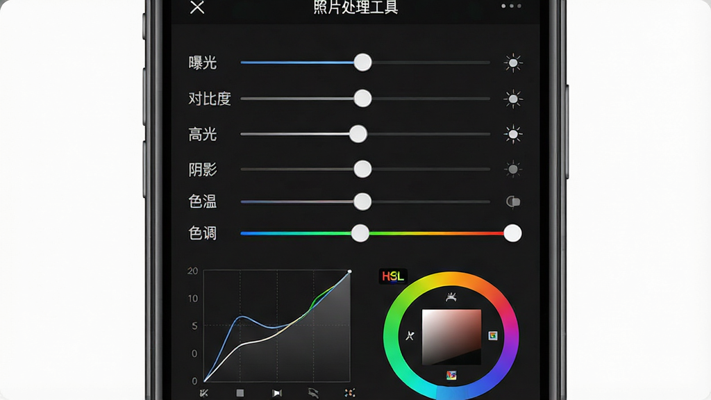 一张展示“照片处理工具”参数调节界面的图片,主体是手机屏幕,屏幕中显示多个横向滑杆,分别标注“曝光”“对比度”“高光”“阴影”“色温”“色调”,下方有曲线图和HSL调色盘,背景为深色模式,布局清晰有条理,风格专业简洁,细节精致,画质干净无多余元素,图片中文字“照片处理工具”清晰可见。