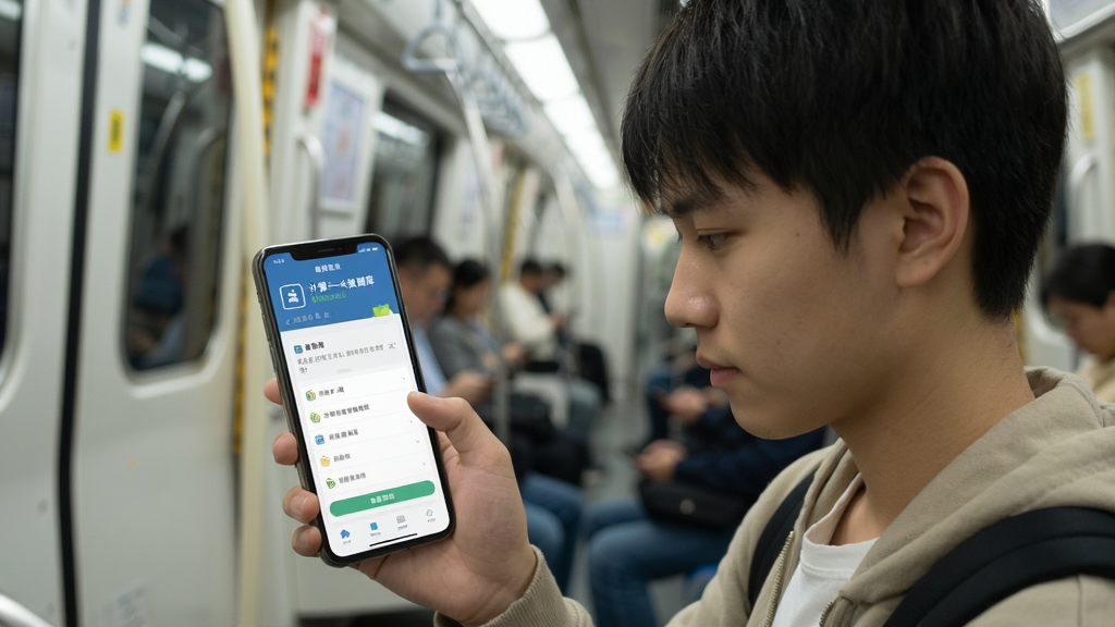 计算机一级真题库离线刷题场景图,地铁车厢内一位年轻人拿着手机,手机屏幕显示计算机一级真题库的刷题界面,顶部有离线模式标识,界面干净整洁,光线柔和,风格生活化,画质清晰无多余元素