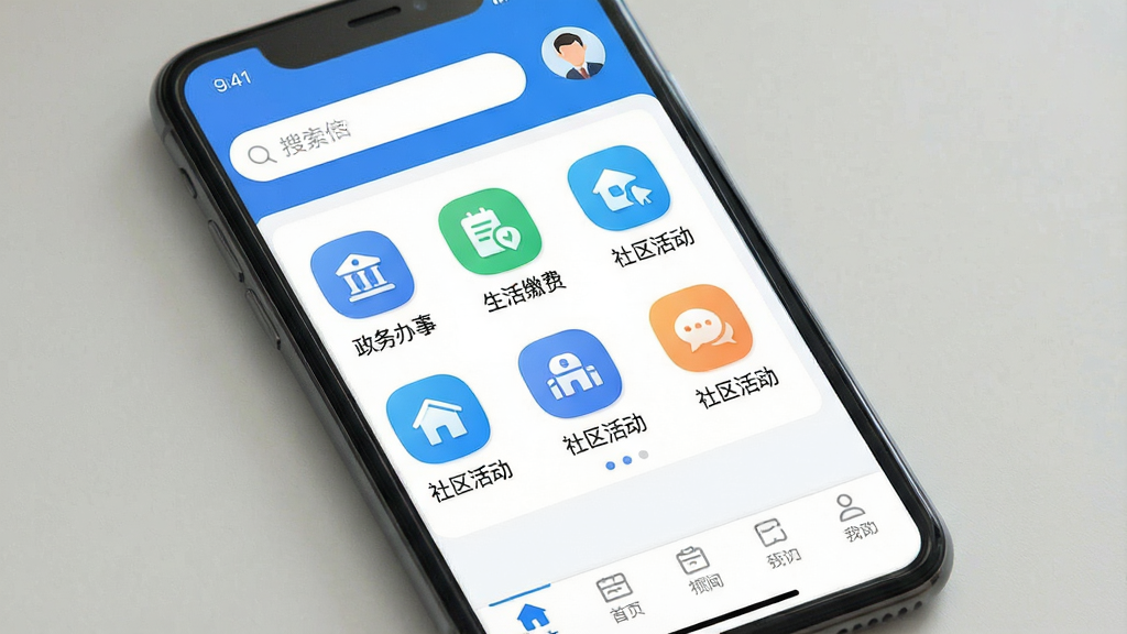 一张手机屏幕展示着一款名为“掌上海淀”的App主界面,界面布局清晰,顶部是搜索栏和用户头像,中间是网格状排列的服务图标,包括“政务办事”、“生活缴费”、“社区活动”等,底部是导航栏。整体风格是清新简洁的蓝白配色,扁平化设计,图标圆润,画质干净明亮,无多余元素。