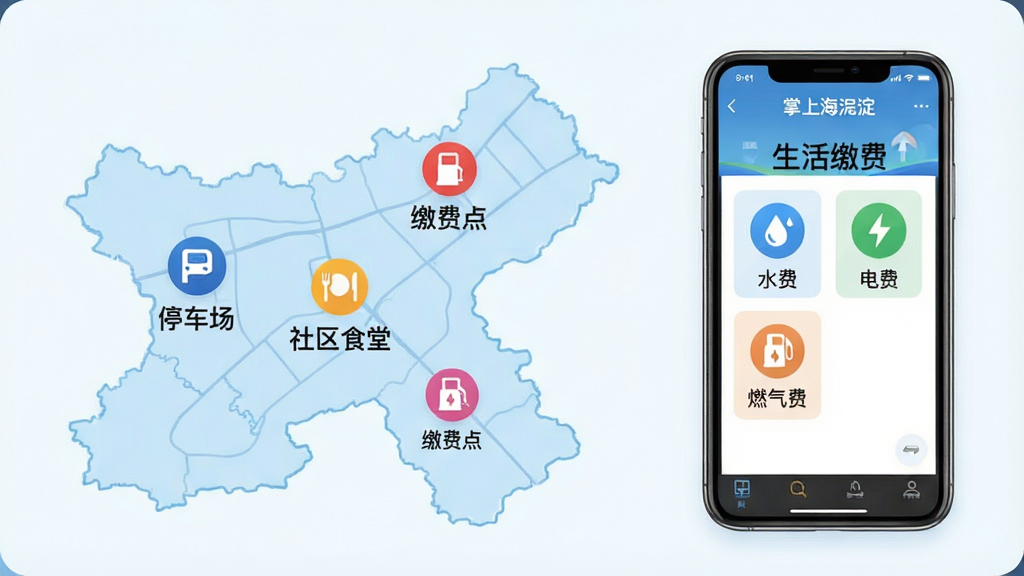 一张信息图表风格的图片,背景是淡蓝色的海淀区地图轮廓。地图上散布着几个彩色的小图标,分别代表“停车场”、“社区食堂”、“缴费点”。旁边有一个手机样机,屏幕上显示着“掌上海淀”的生活缴费页面,有“水费”、“电费”、“燃气费”的图标。图表风格简洁现代,文字标注清晰,画质干净。