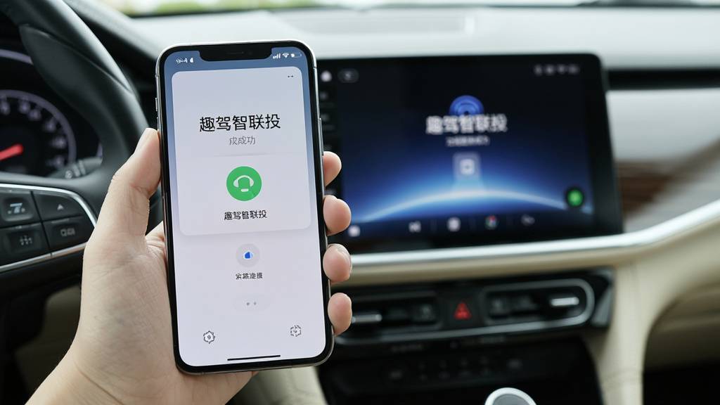 一张表现趣驾智联投无线连接功能的示意图,主体是一只手拿着手机,手机屏幕显示“趣驾智联投”的连接成功界面,背景是汽车中控台,中控屏幕同步亮起,画面布局为手机与车机左右呼应,风格偏向生活化实拍感,细节上手机电量、信号图标清晰可见,画质明亮通透,无多余杂物。