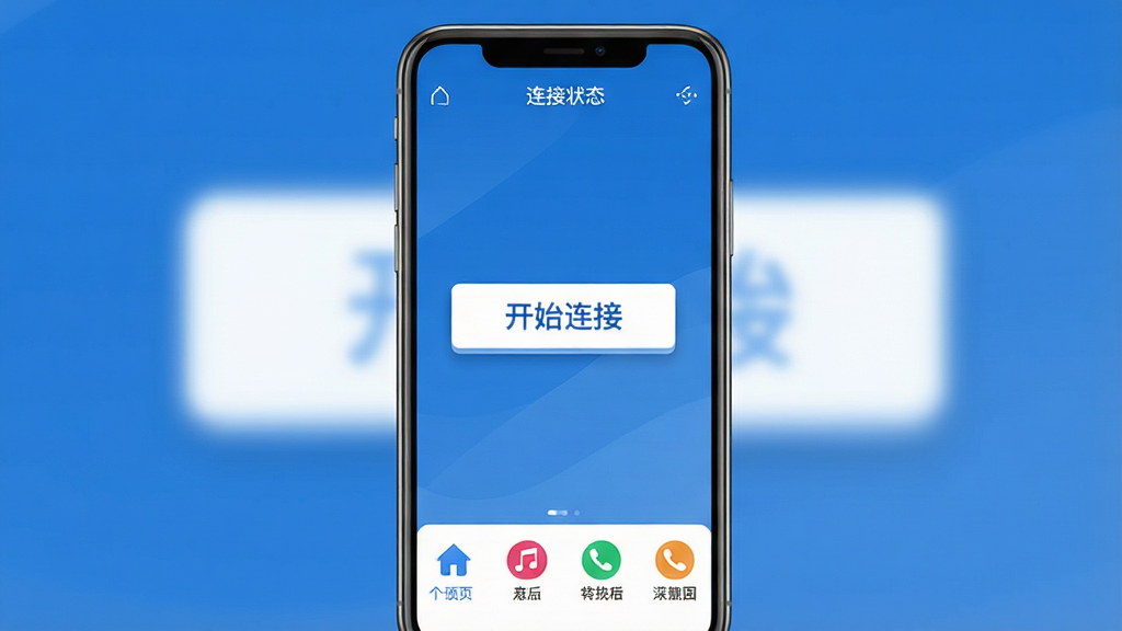 一张趣驾智联投软件主界面的UI设计图,画面中央是简洁的功能布局,顶部显示连接状态,中间是醒目的“开始连接”按钮,底部排列着导航、音乐、电话等图标,整体布局为手机竖屏展示,风格现代扁平化,细节上按钮有轻微投影,色彩以蓝白为主,画质清晰锐利,无多余装饰元素。