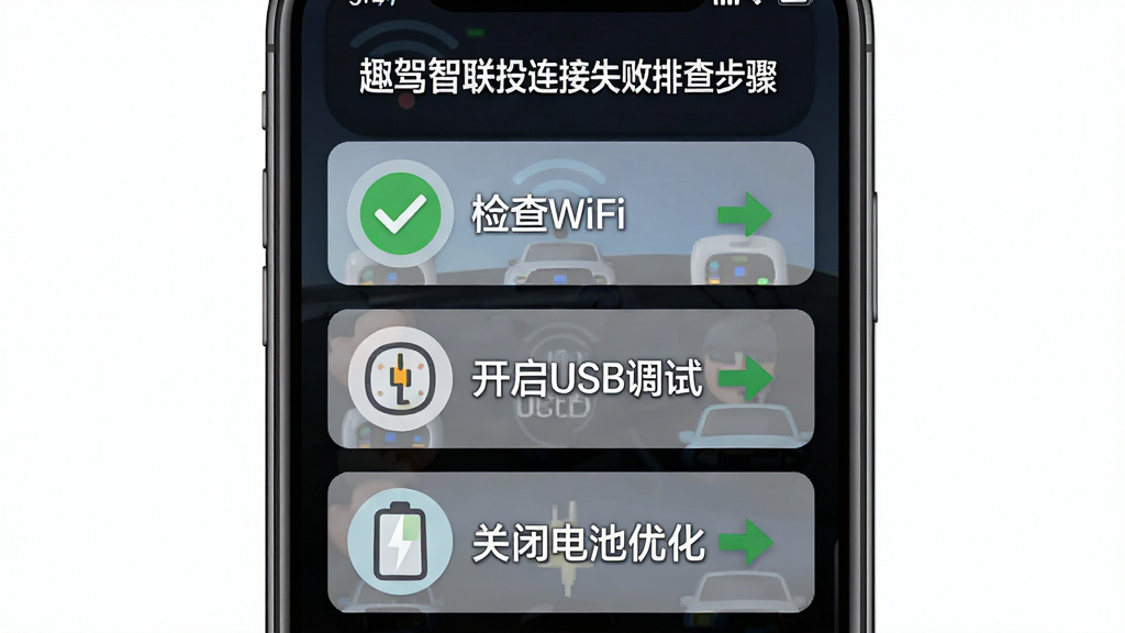 一张展示趣驾智联投连接失败排查步骤的图解,画面以手机屏幕截图形式呈现,从上到下依次排列着检查WiFi、开启USB调试、关闭电池优化三个步骤图标,布局为纵向列表,风格简洁教程风,细节上每个步骤有对勾或箭头指示,画质干净,文字清晰可辨,无多余背景。