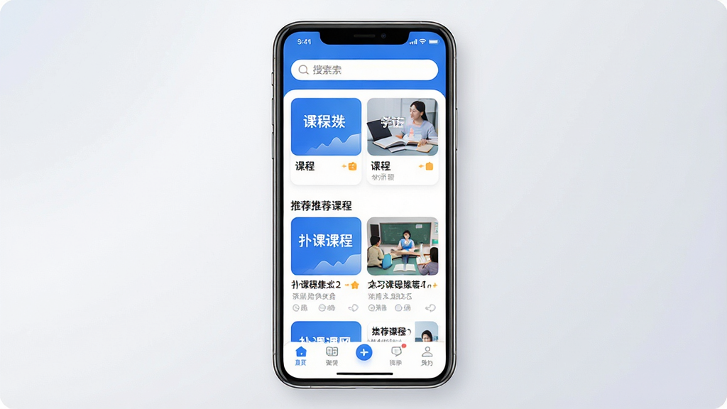 一张展示扑课网手机应用主界面的图片,画面中央是手机屏幕,屏幕内显示扑课网APP的首页布局,顶部有搜索栏,中间是课程分类卡片和推荐课程列表,底部是导航栏,整体配色以蓝白为主,风格简洁清新,细节圆润,画质干净无多余元素,背景为浅灰色渐变,突出科技感与学习氛围