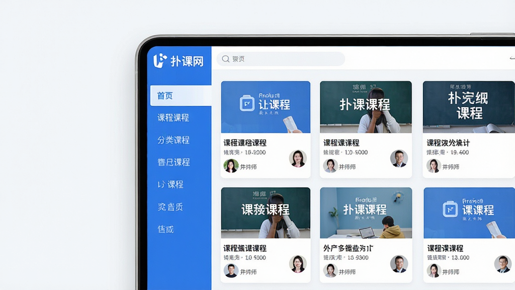 一张扑课网课程分类页面的AI生成图,画面主体是手机屏幕,屏幕内展示扑课网的课程分类界面,左侧是垂直分类导航栏,右侧是课程卡片网格布局,每个卡片上有课程封面、标题和讲师头像,配色以蓝色和白色为主,风格现代扁平,画质干净,背景简洁无多余元素
