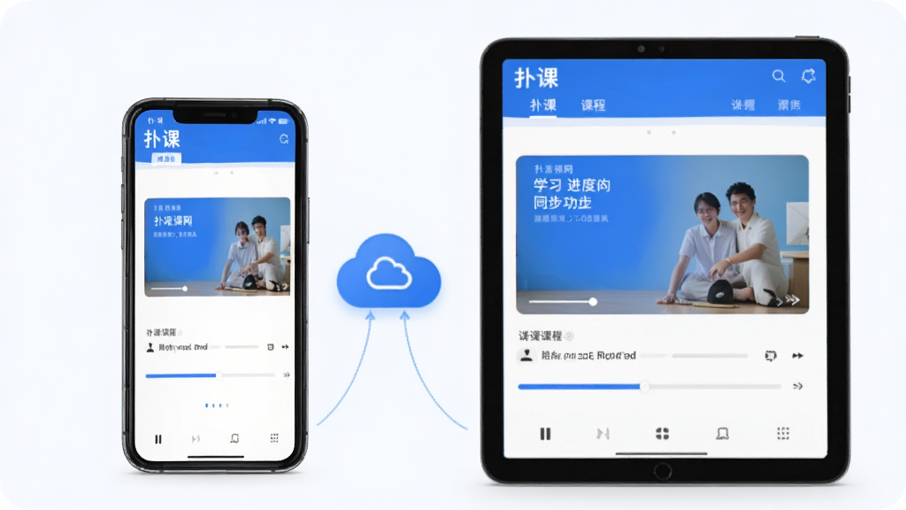 一张展示扑课网学习进度同步功能的AI生成图,画面主体是手机和平板并排摆放,两个设备屏幕上都显示扑课网的课程播放界面,进度条位置一致,画面中有云朵图标连接两个设备,表达数据同步的概念,配色以蓝色和白色为主,风格简洁现代,画质干净无多余元素