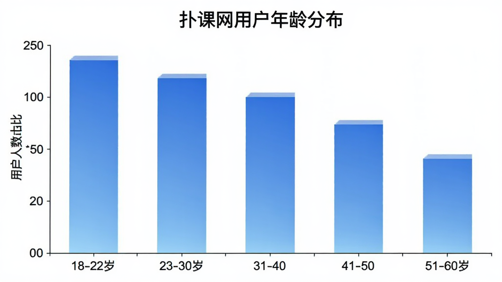 一张展示扑课网用户年龄分布的柱状图,横轴标注年龄段18-22岁、23-30岁、31-40岁、41-50岁、51-60岁,纵轴标注用户人数占比,柱子颜色以蓝色渐变为主,图表标题为扑课网用户年龄分布,背景简洁白色,画质干净无多余元素
