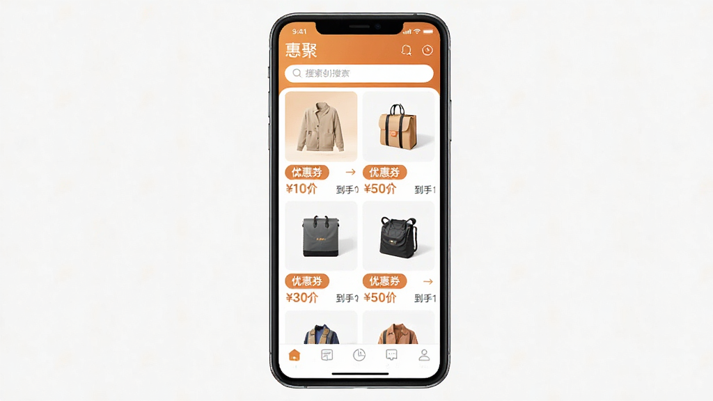 一张手机应用界面展示图,画面中央是“惠聚”APP的首页,顶部搜索栏,中间是商品瀑布流展示,每件商品下方标注优惠券金额和到手价,底部导航栏清晰,整体色调为暖橙色和白色搭配,风格简洁现代,画质干净清晰,无多余元素