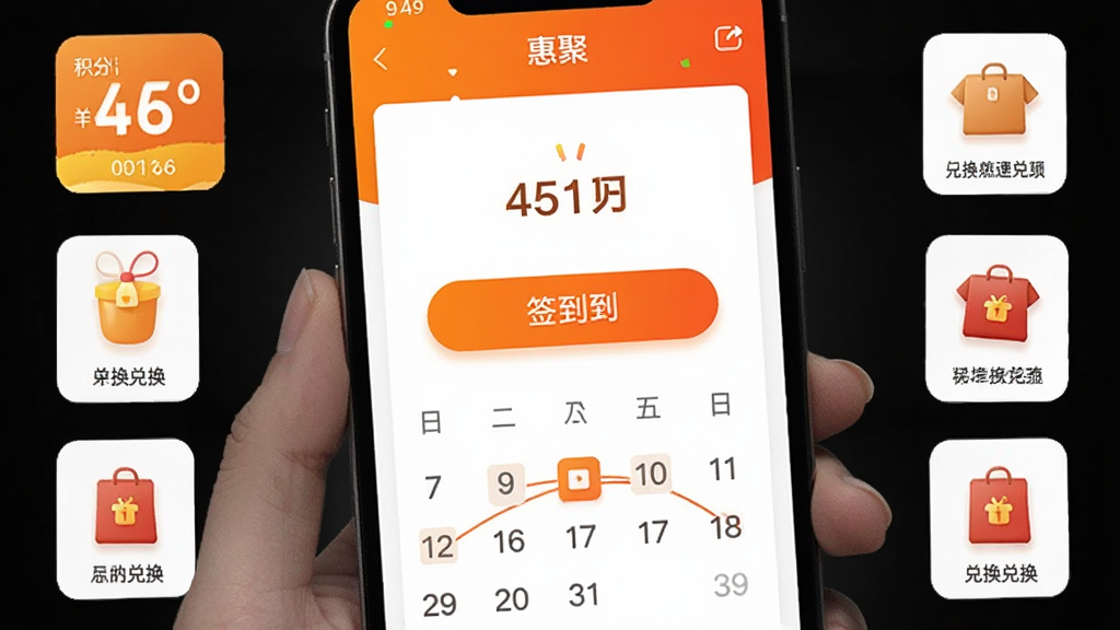 一张手机应用界面图,画面展示“惠聚”APP的签到页面,中央有签到按钮和日历打卡记录,周围有积分数字和兑换商品的小图标,色调以橙色和白色为主,风格活泼简洁,画质干净无多余元素