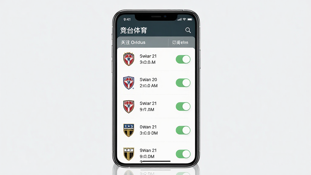 竞台体育 订阅界面 主体 手机屏幕显示关注的球队列表 布局 列表式排列 每个球队有队徽和下一场比赛时间 排版 清晰明了 风格 简约现代 细节 带有提醒开关按钮 画质 高清 干净 无多余元素