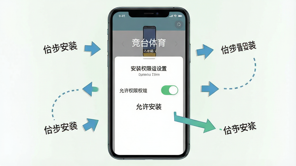 竞台体育 安装教程示意图 主体 手机屏幕显示安装权限设置界面 布局 中间是权限开关按钮 周围有指示箭头 排版 步骤式引导 风格 扁平化插画 细节 标注“允许安装”文字 画质 高清 干净 无多余元素