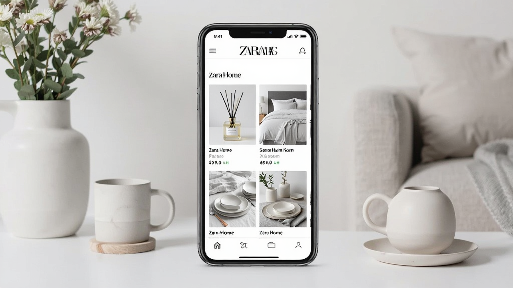 Zara Home官方应用首页展示全貌,画面中央为手机屏幕界面,屏幕内显示Zara Home品牌标识与当季家居新品推荐流,包含香薰、床品、餐具等精致家居好物图片,整体布局为手机居中、周围点缀简约家居元素,排版清晰层级分明,风格为现代极简北欧风,细节上强调界面干净、商品图片高清,画质清晰无多余元素
